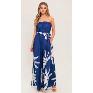 BRAND NEW WITH TAGS Navy White Tropical Strapless Wide Leg Jumpsuit